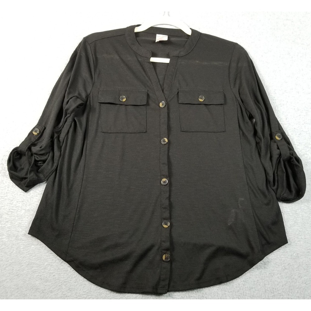 No Boundaries Button Up Shirt Juniors Large Black 3/4 Sleeve Stretch See Through